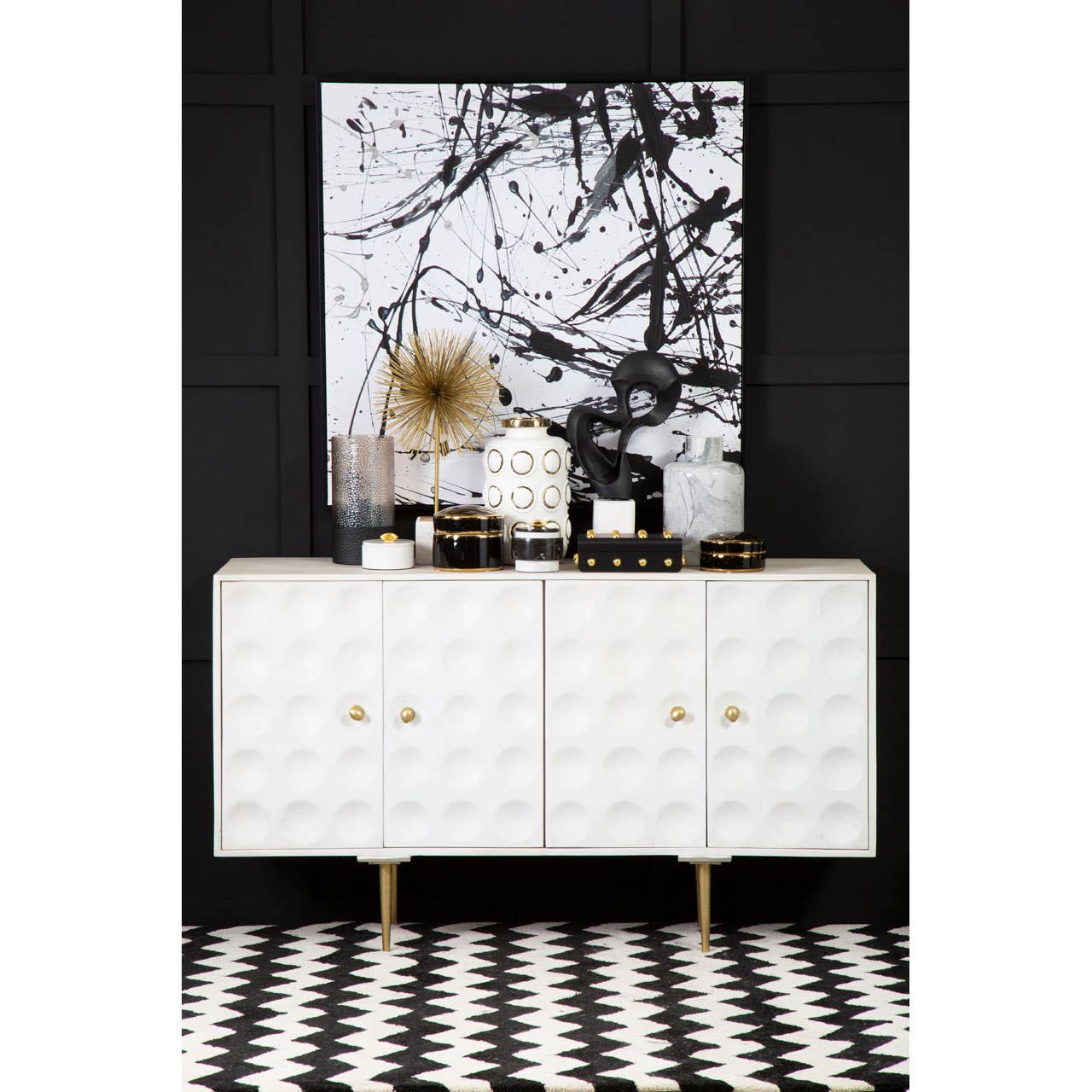 Golden Accent Mango Wood Sideboard with Unique Door Design