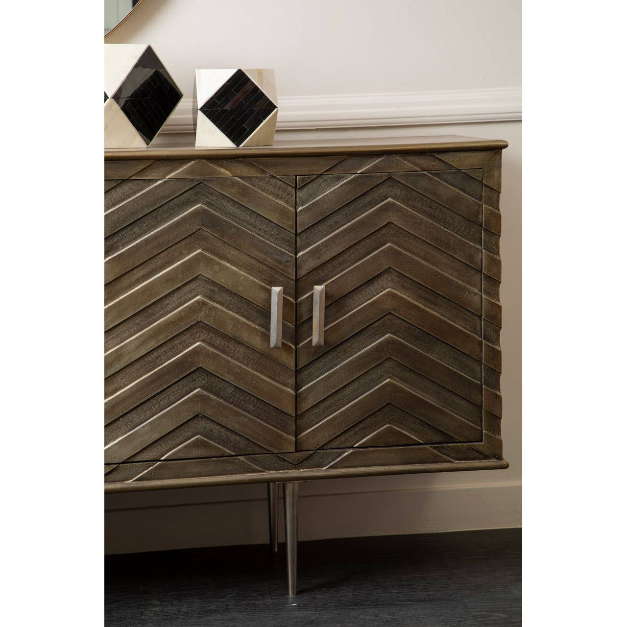 Boho Mango Wood Chevron Sideboard - Nickel Plated Legs