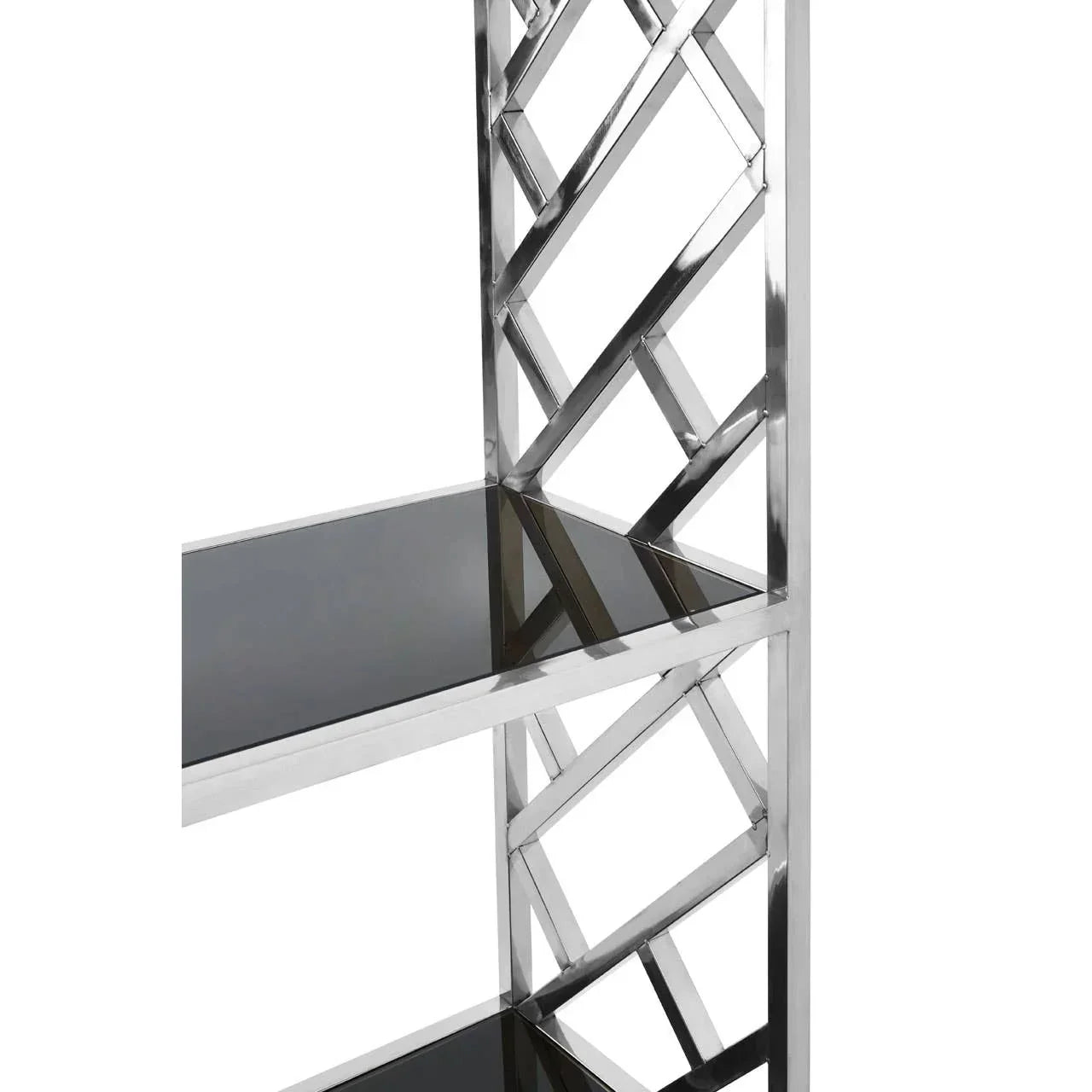 chrome and glass shelving unit with geometric frame detail