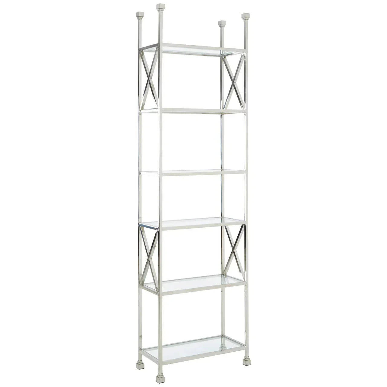 Tall chrome shelving unit with glass shelves and X-frame side supports