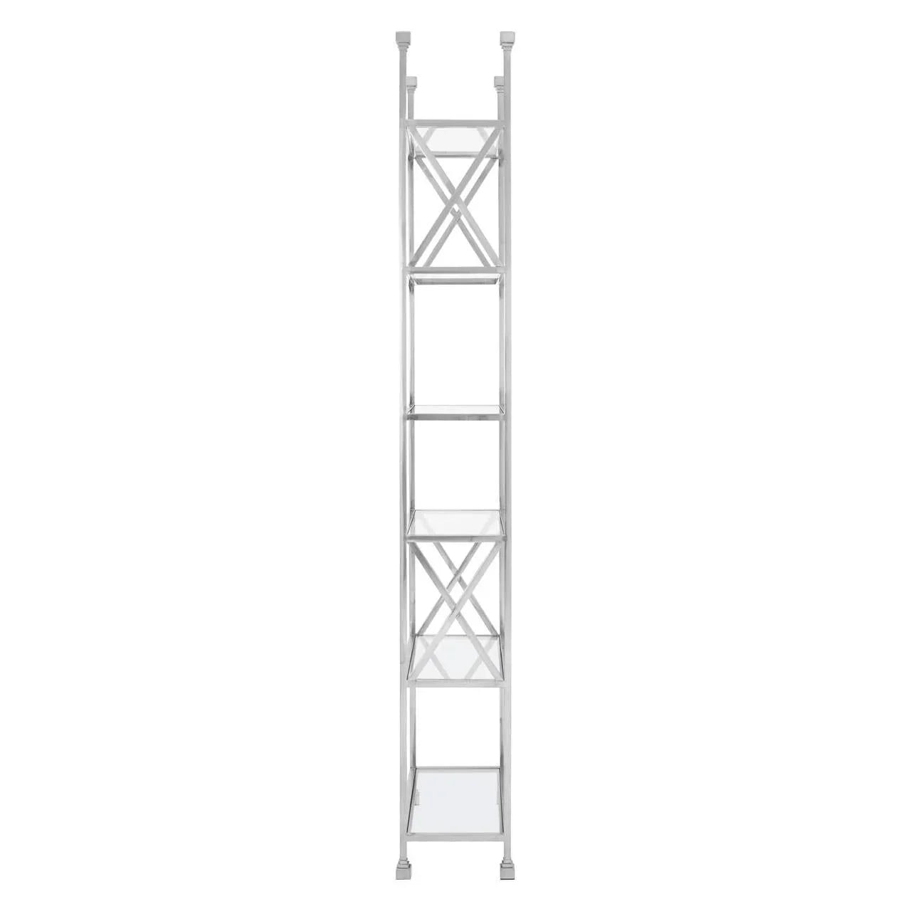 Tall chrome shelving unit with glass shelves and cross frame, side view
