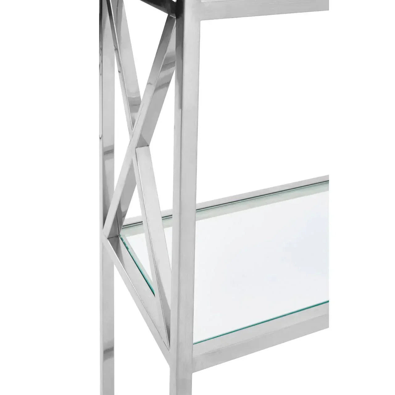 Close-up of chrome console table frame with glass shelf and cross design detail
