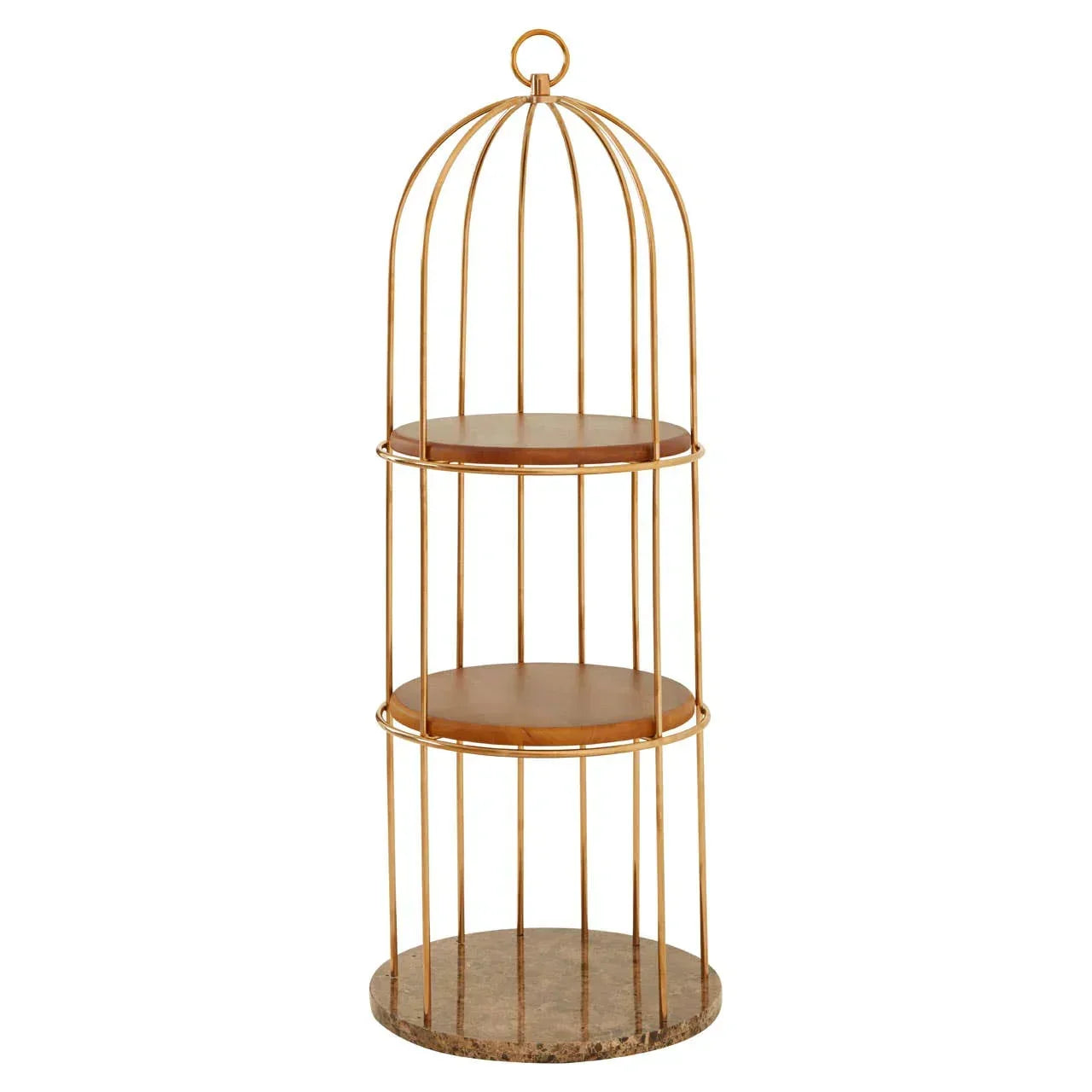 Gold three tier metal display stand with round marble base and open vertical bars