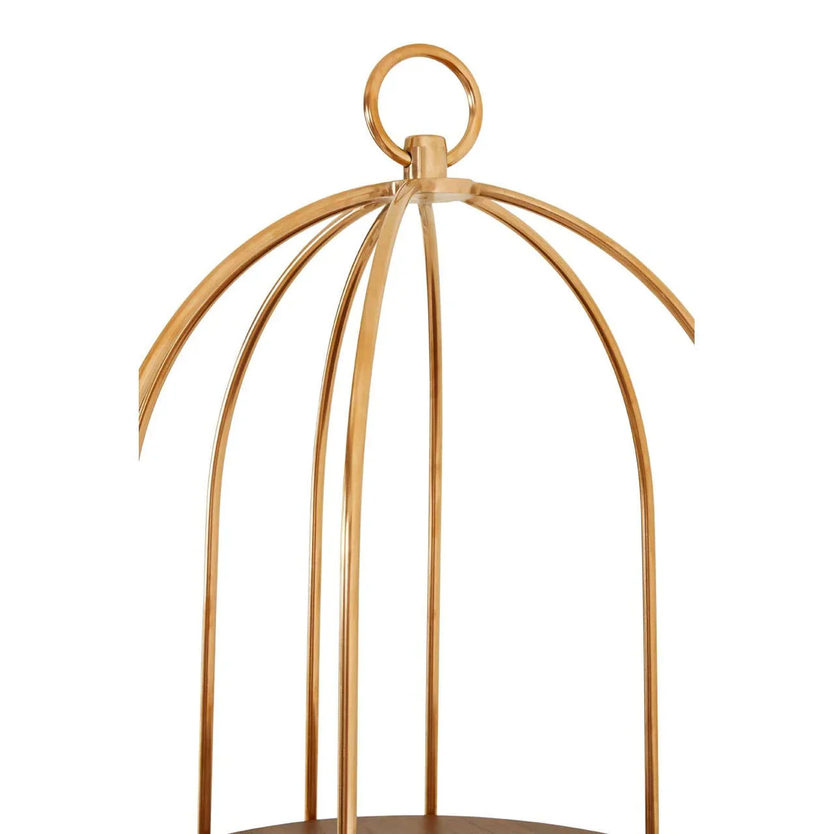 Gold metal frame detail of round side table with decorative ring handle