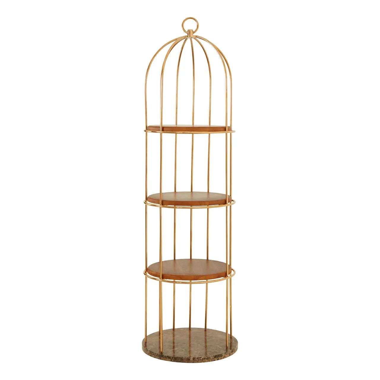 Gold metal shelving unit with four round wood shelves and marble base