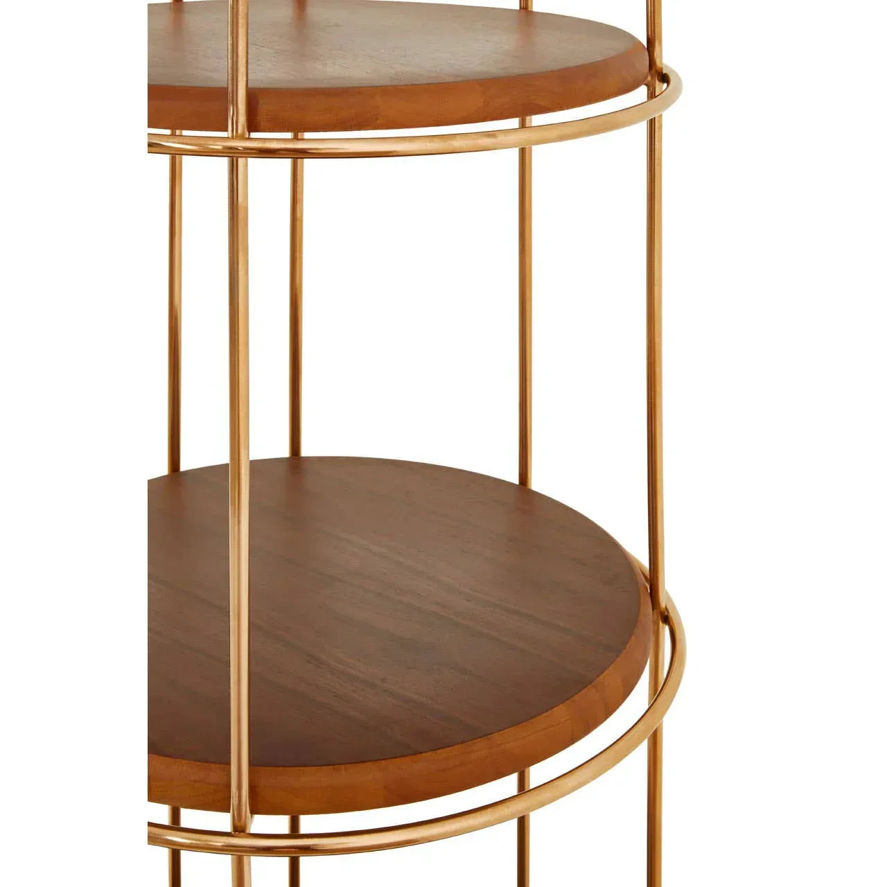 Close view of round wooden shelf with gold metal frame, modern furniture design