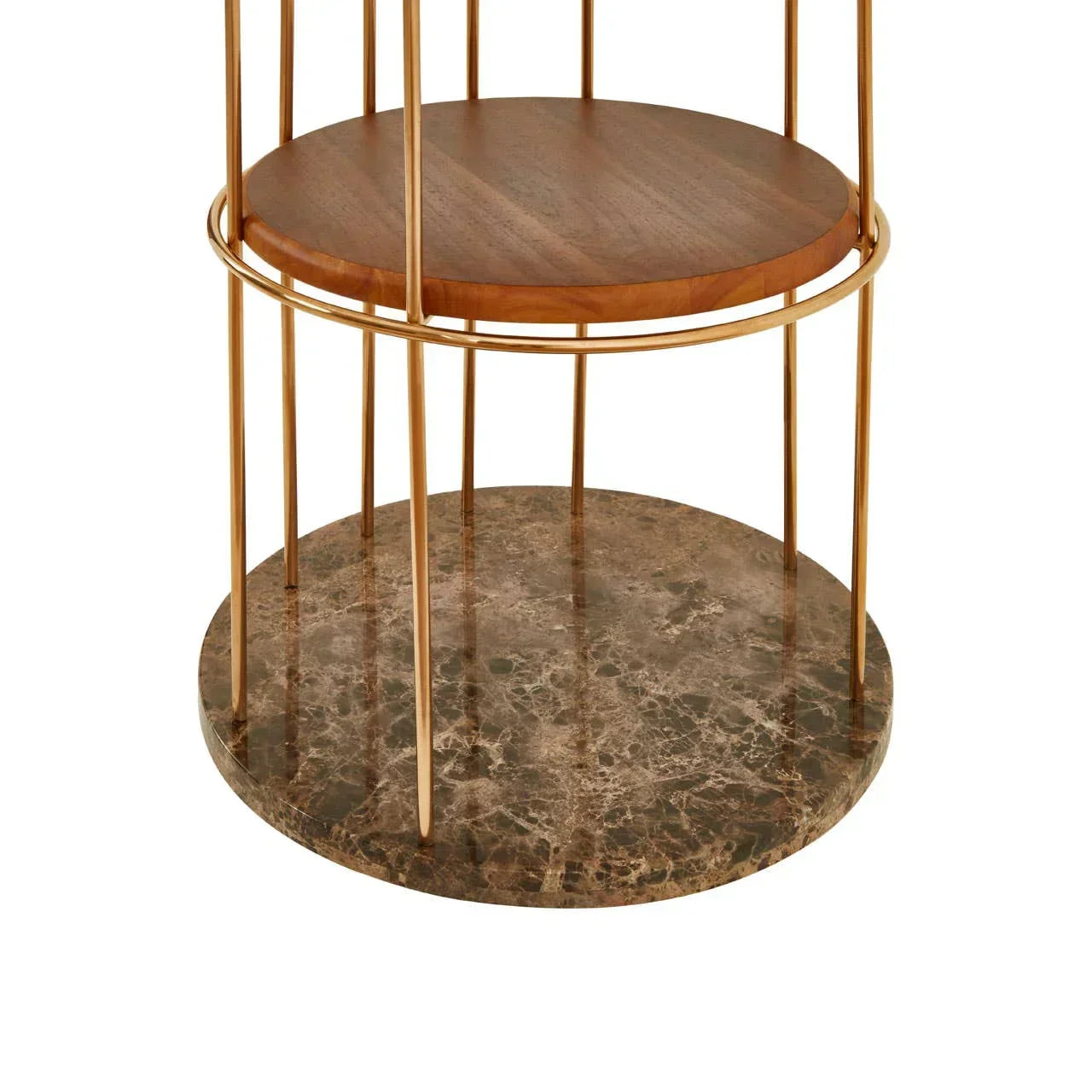 Round side table with gold frame, dark marble base and wooden shelf