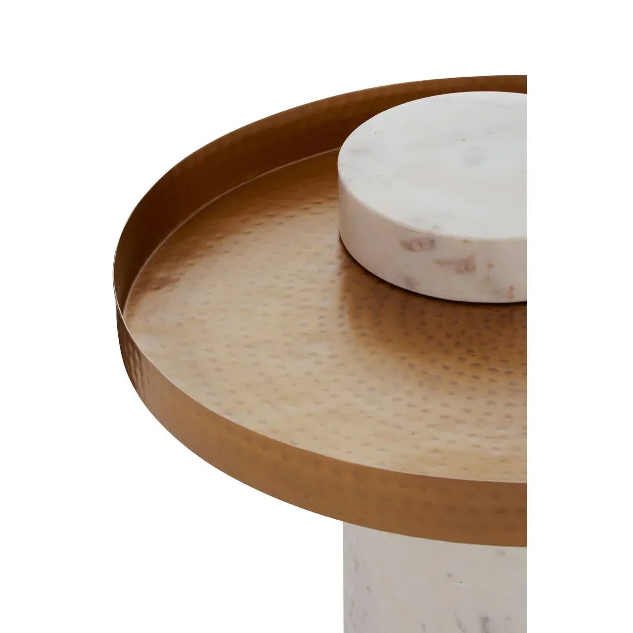 Round gold metal and white marble side table with textured tray top