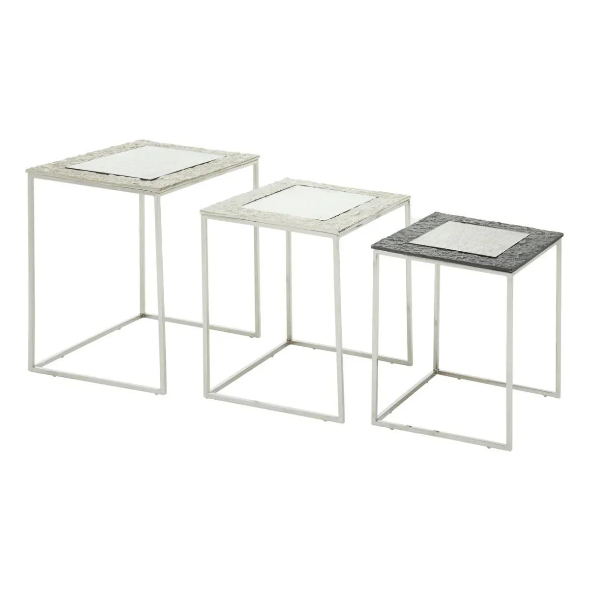 Set of three metal nesting tables with square stone tops in varying shades