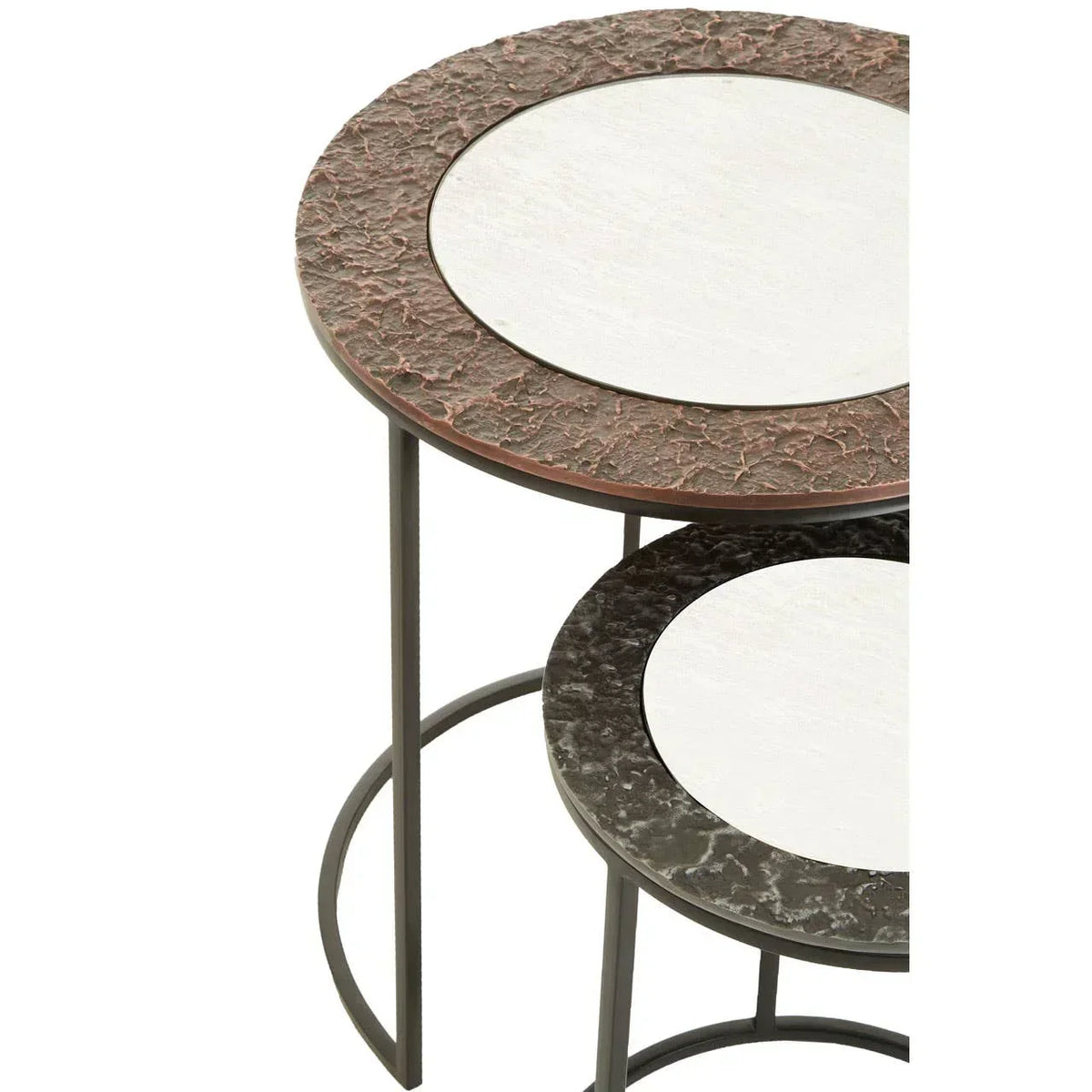 Round nesting side tables with textured metal frames and white center tops