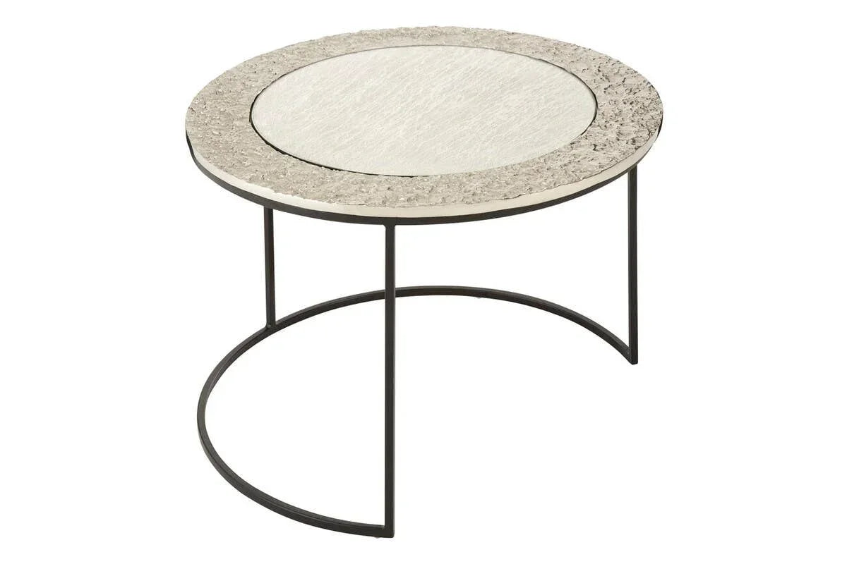 Round side table with textured stone top and black metal frame