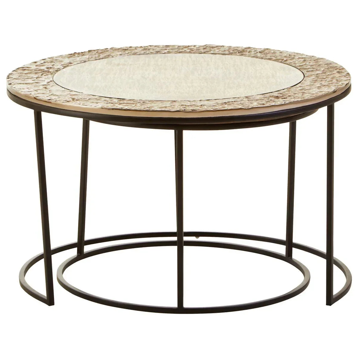 Round coffee table with textured metal frame and clear glass top