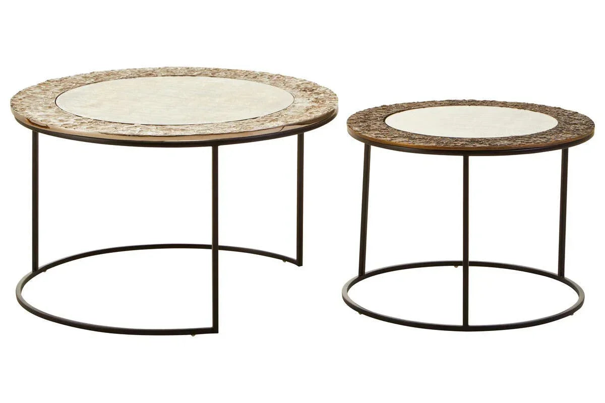 Set of two round coffee tables with textured stone tops and slim black metal legs
