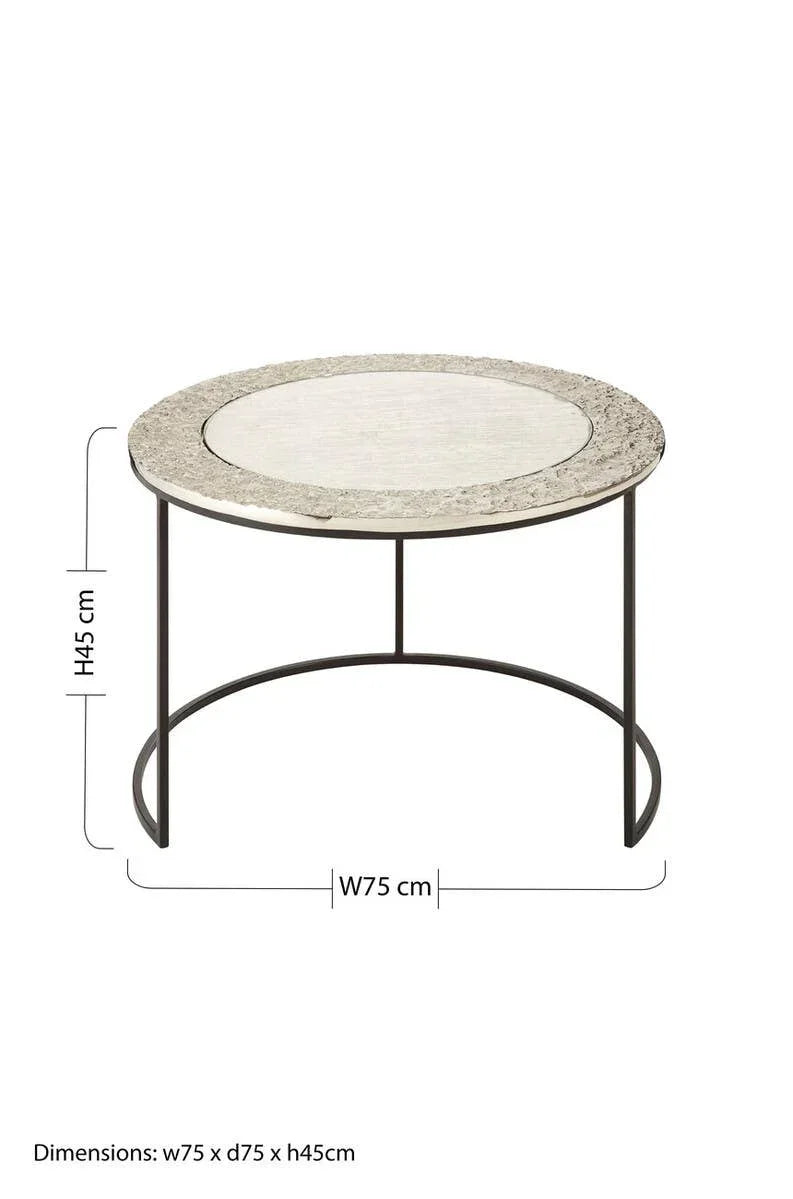 Round coffee table with light stone top and black metal frame, dimensions 75x75x45cm