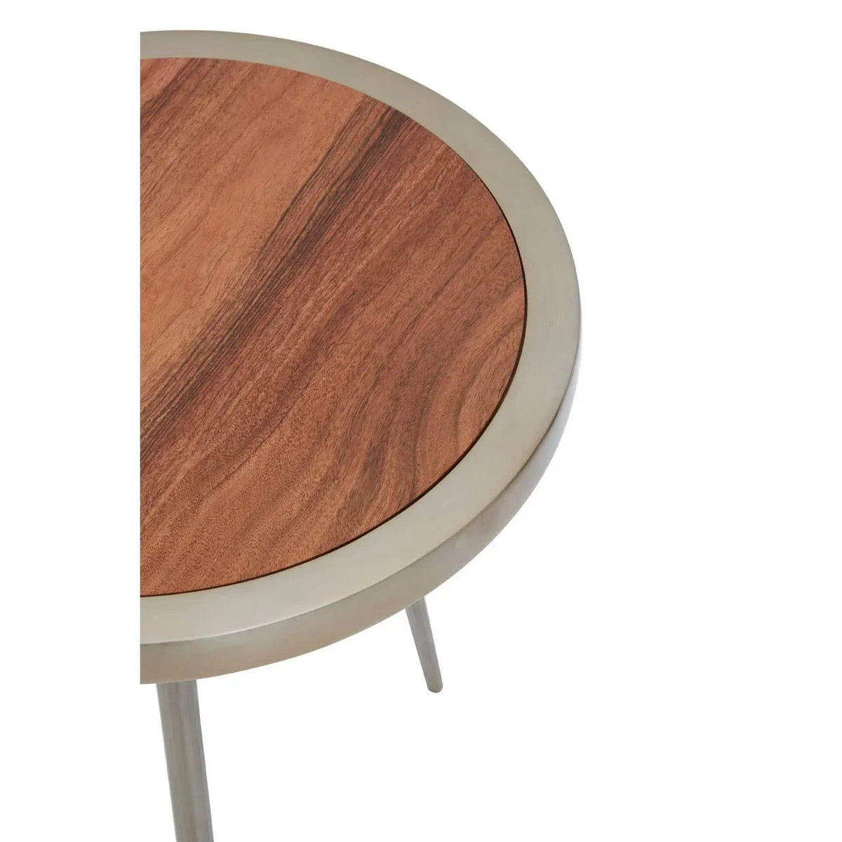 Round wooden side table with metal frame and slender legs, top view