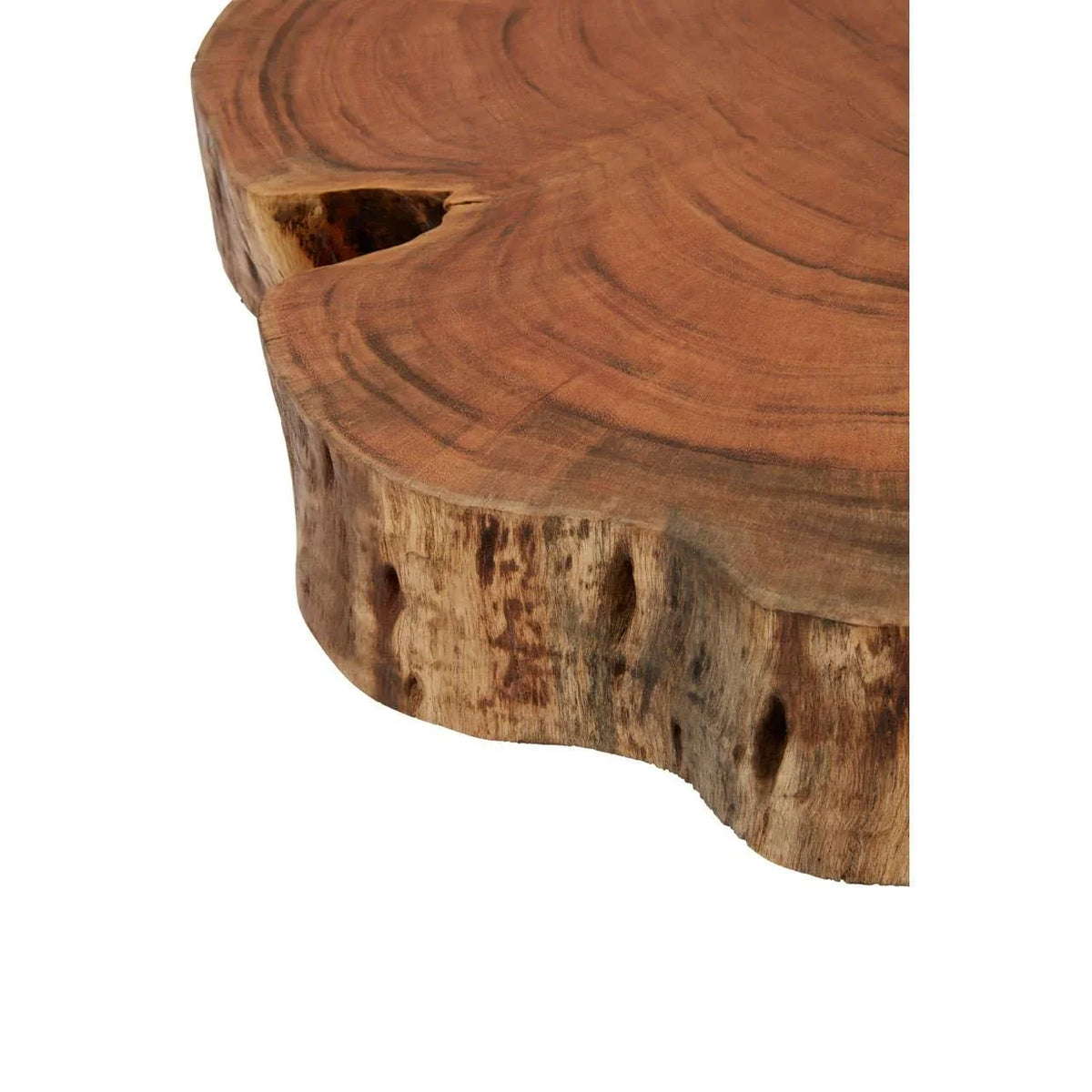Close up of natural wood coffee table top with rustic edge and visible grain pattern