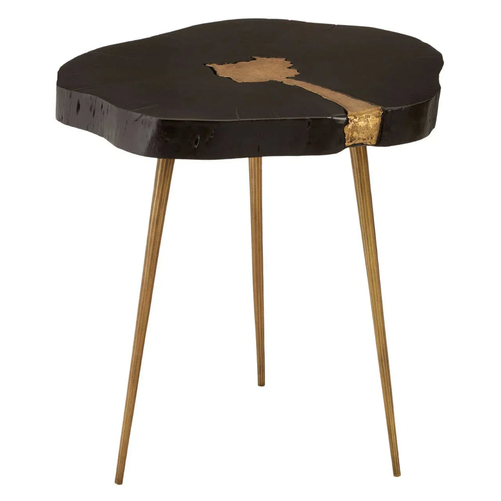 Black wood side table with live edge top, gold accent and three gold metal legs