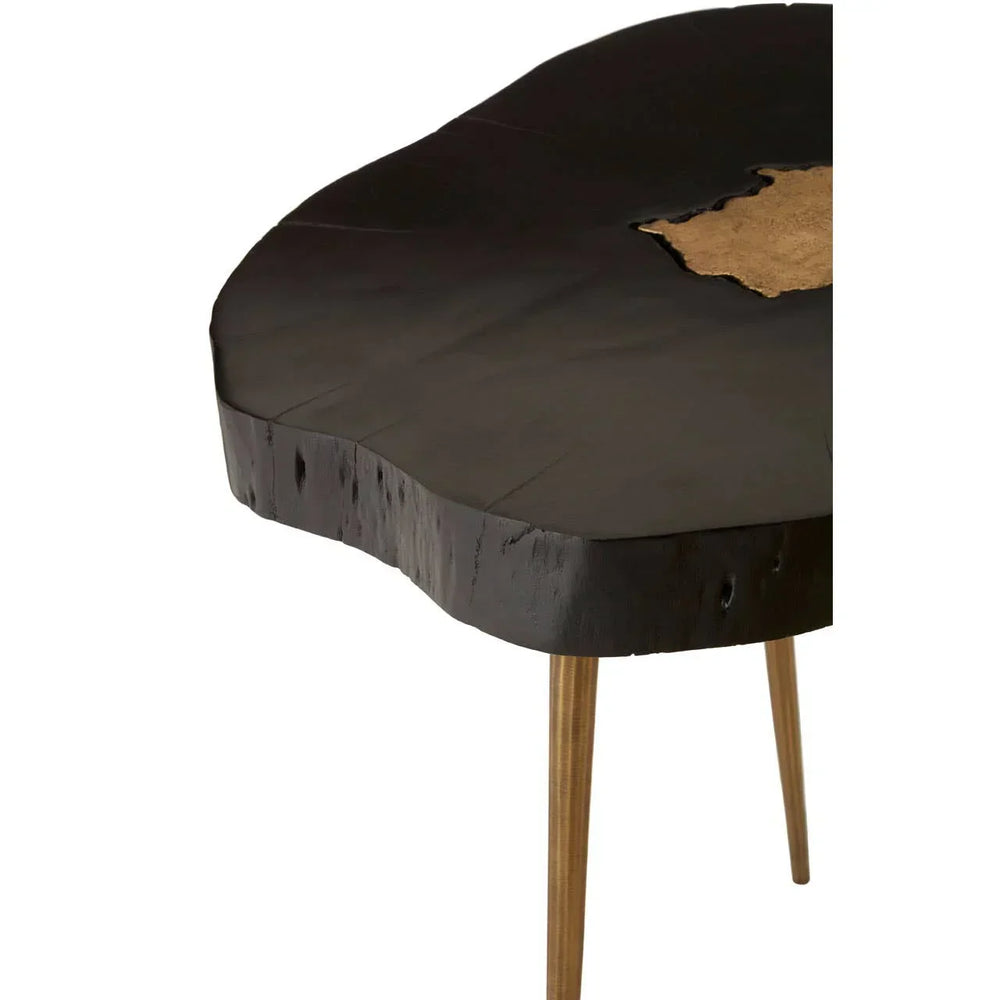 Live edge black wood coffee table with angled gold metal legs and natural wood detail