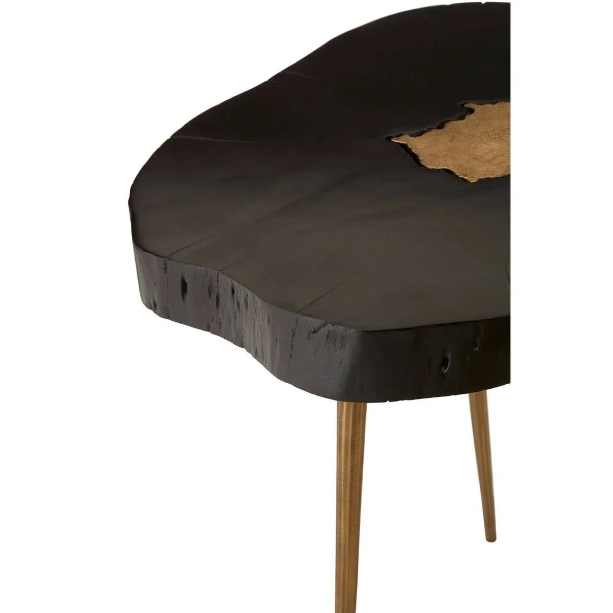 Live edge black wood coffee table with angled gold metal legs and natural wood detail