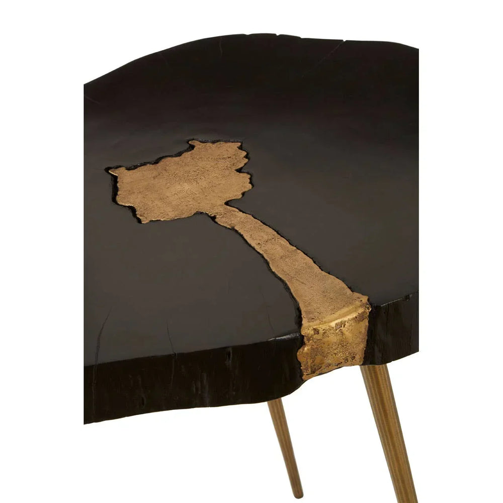 Black wood side table with unique gold resin inlay and tapered metal legs