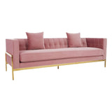 Three-seat pink sofa with a tufted backrest, two matching cushions, and sleek gold legs. The upholstery features a soft, textured fabric that adds a modern touch to the design