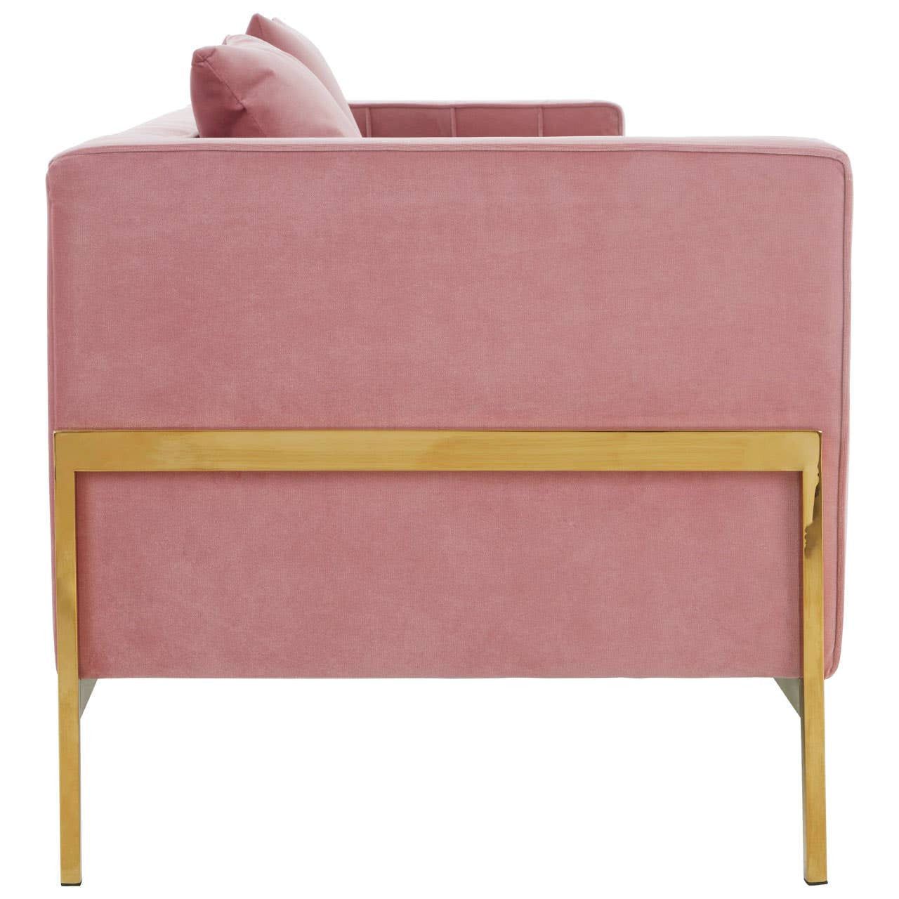 Three-seat sofa upholstered in soft pink fabric, featuring a sleek design with a gold metal frame and a low back. Two decorative cushions are placed on the backrest, enhancing its modern aesthetic