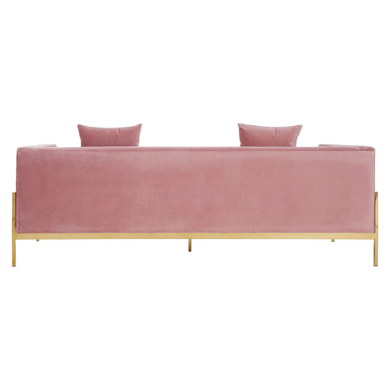 Three-seat sofa upholstered in soft pink fabric, featuring a sleek design with two matching cushions on the backrest. The sofa is supported by slender gold legs, giving it a modern and elegant appearance