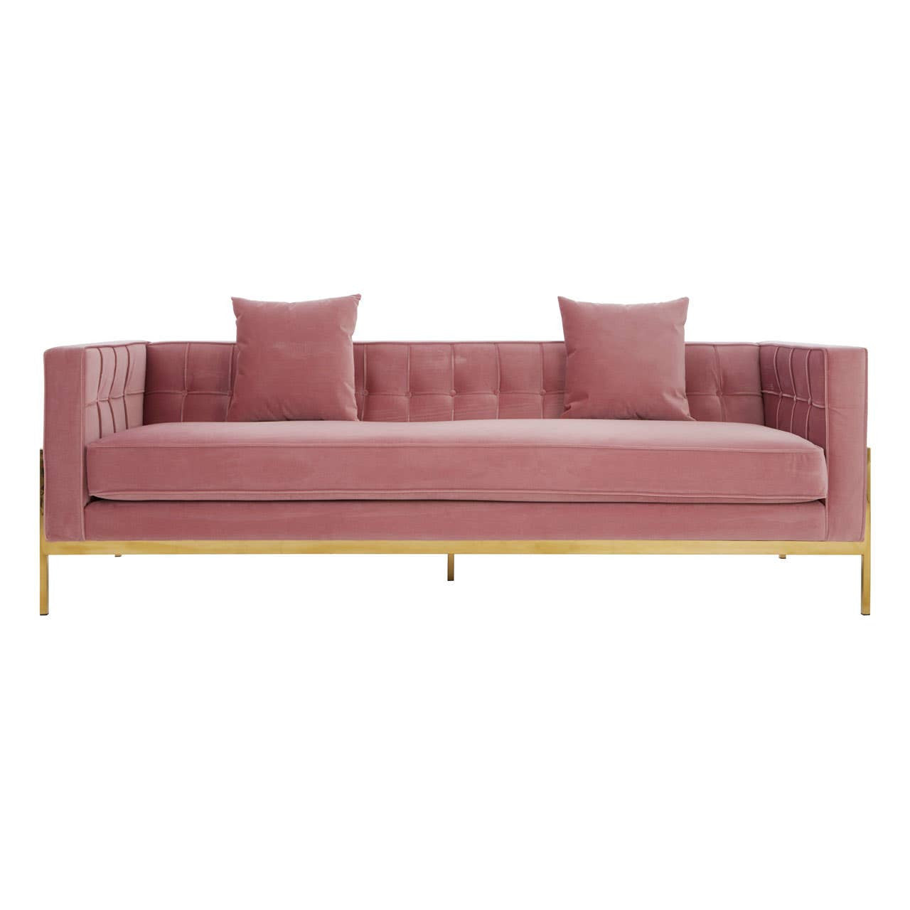 Three-seat pink sofa with a tufted backrest, two matching cushions, and sleek gold legs. The fabric has a soft texture, and the overall design is modern and elegant