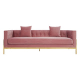 Three-seat pink sofa with a tufted backrest, two matching cushions, and sleek gold legs. The fabric has a soft texture, and the overall design is modern and elegant