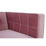 The corner of a pink sofa featuring a tufted backrest with a grid pattern, showcasing soft fabric upholstery. The design is modern and inviting, suitable for a cozy living space