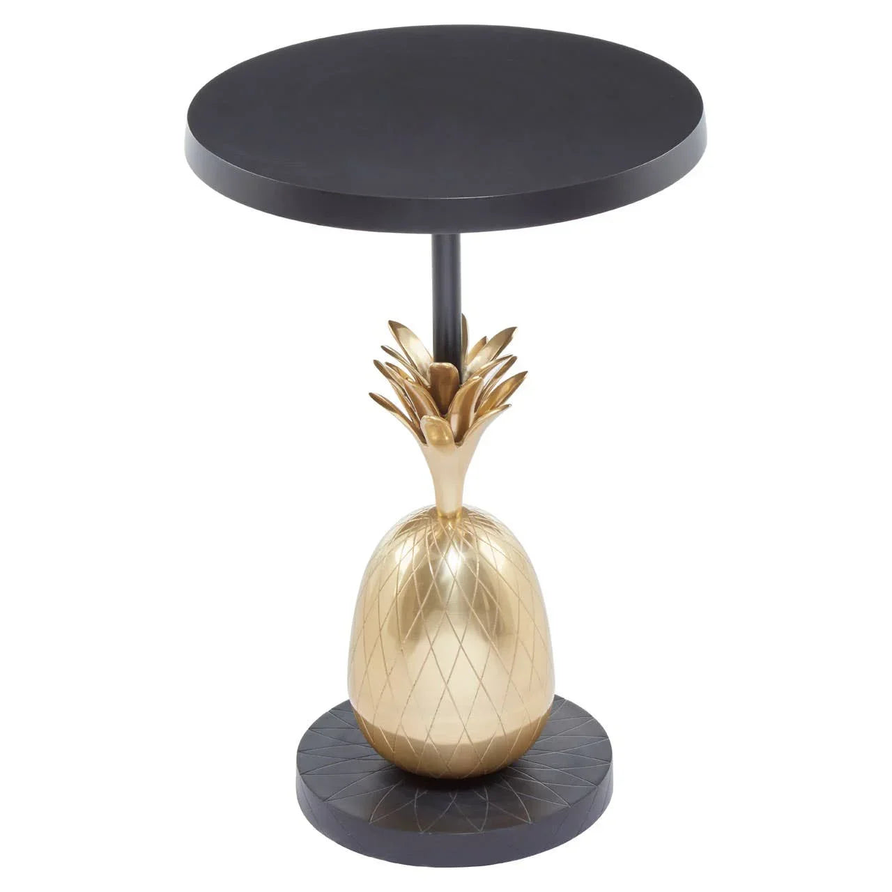 Black and gold side table with pineapple base and round top, decorative accent furniture