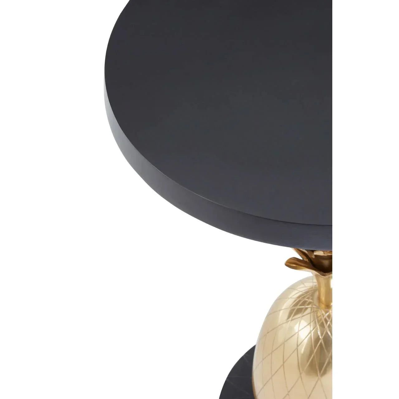 Round black side table with gold pineapple base, close view of tabletop and base detail