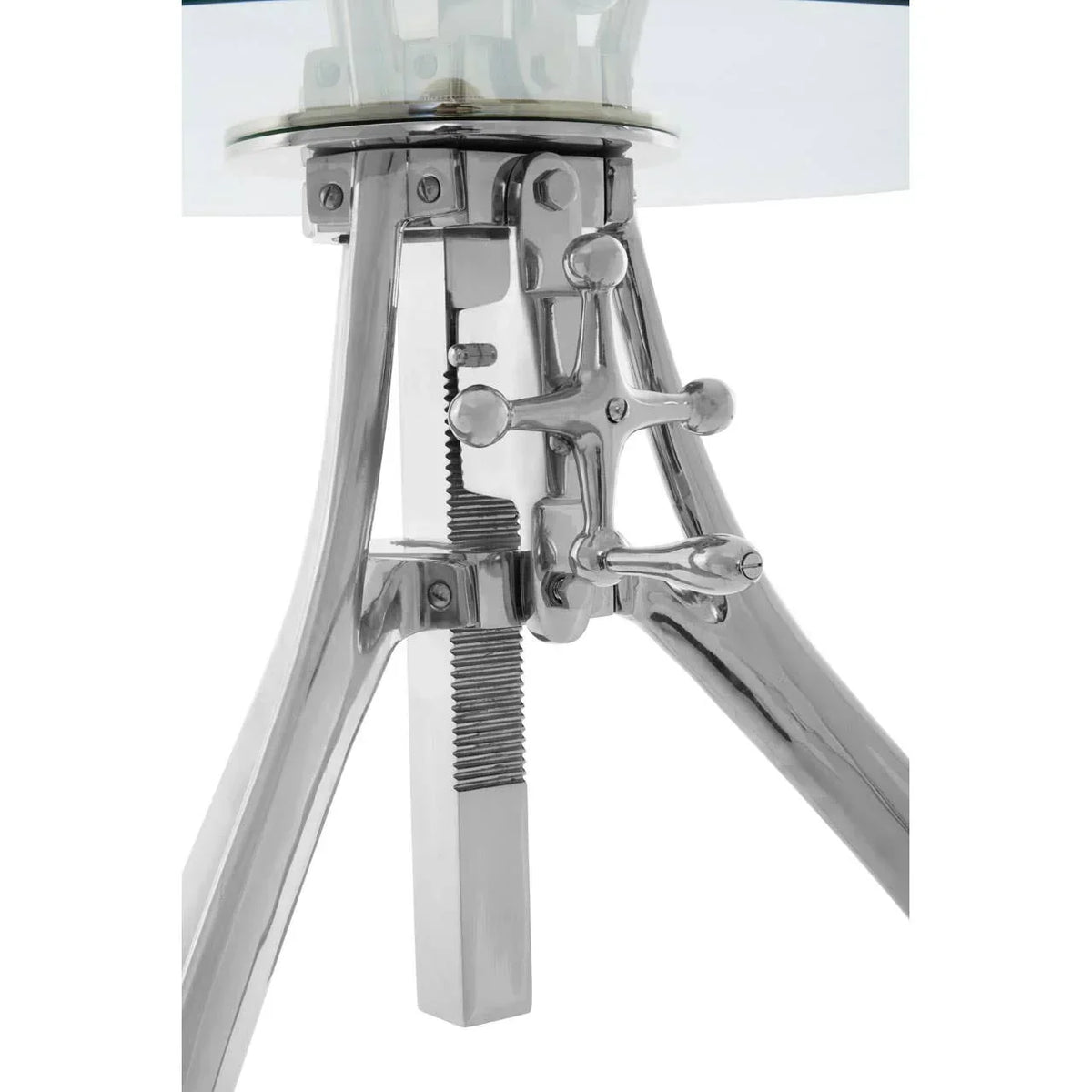 Polished metal adjustable table base with round glass top close-up