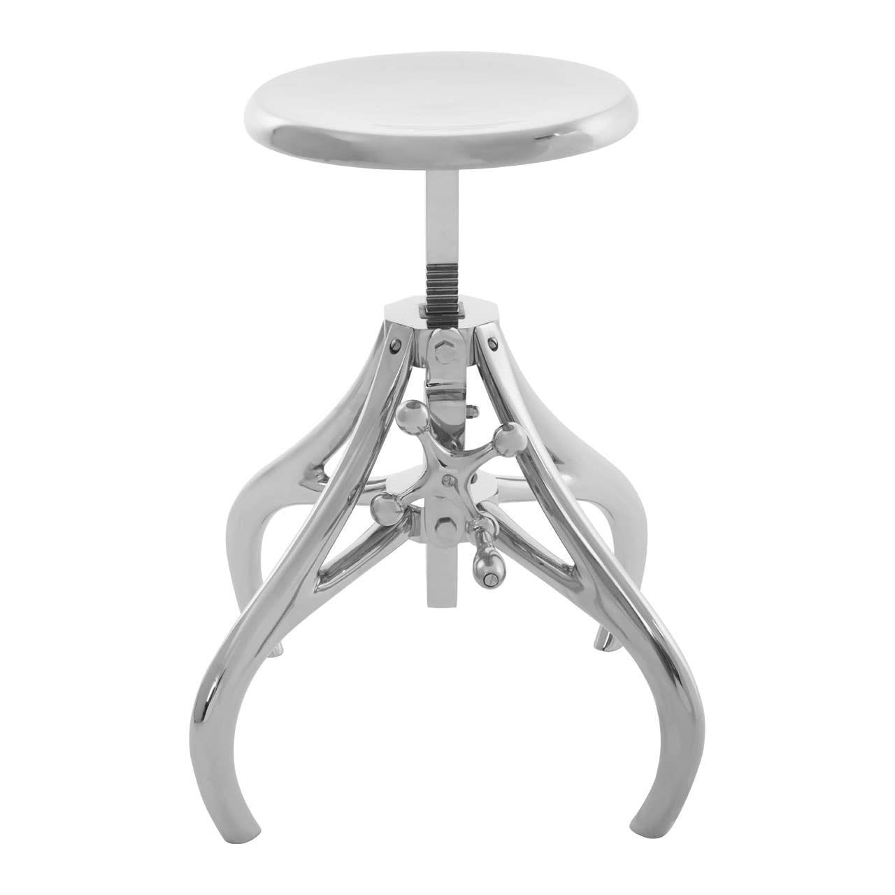 A modern stool featuring a round white seat and a shiny chrome base with a unique crank mechanism for height adjustment, supported by four curved legs