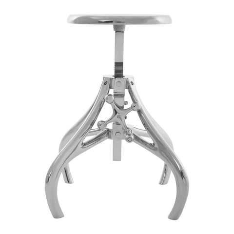 A sleek, modern stool with a round, metallic seat and a shiny chrome finish. The base features a unique crank mechanism and four curved legs that provide stability and support