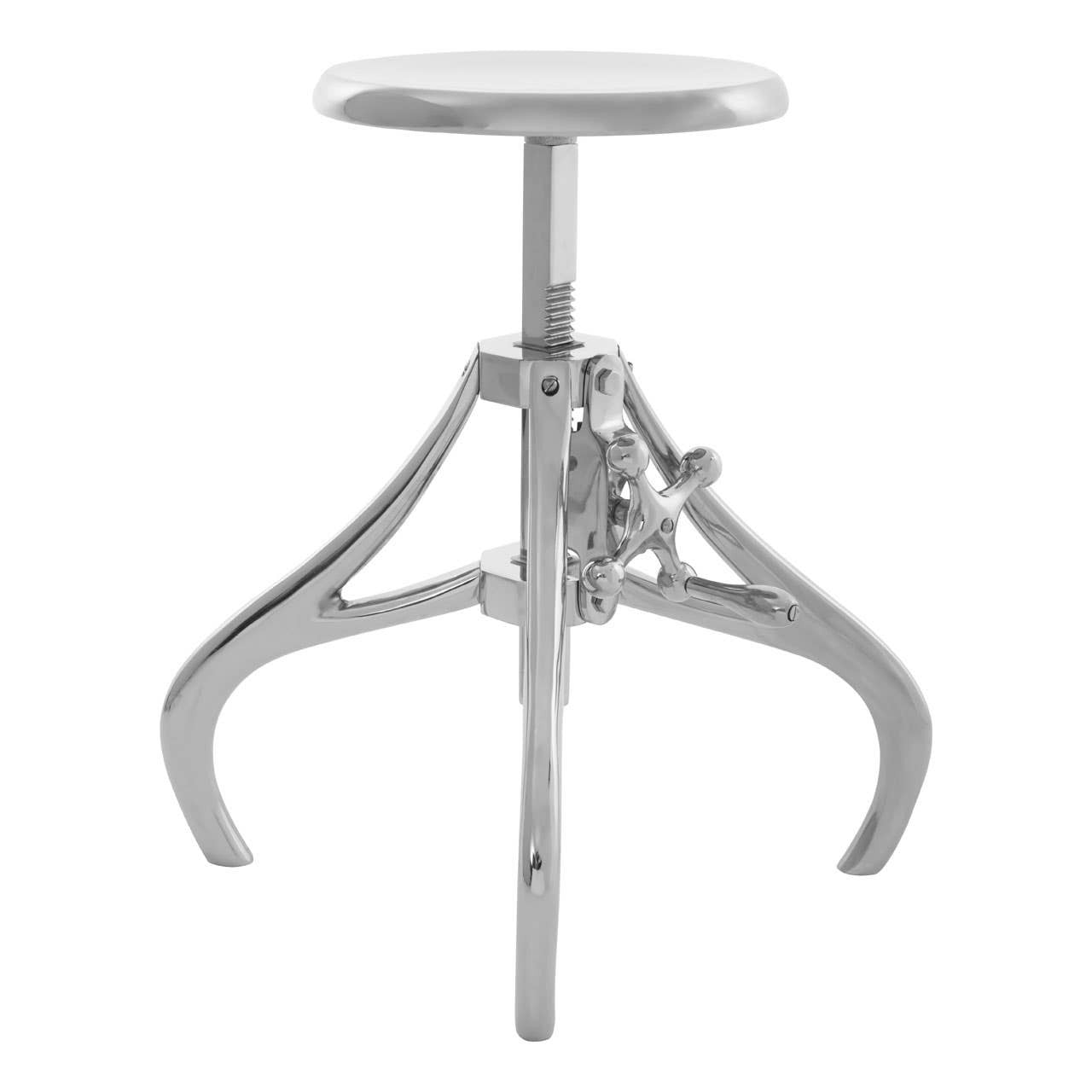 A sleek, modern stool with a round white seat and a shiny chrome base featuring a crank mechanism for height adjustment, supported by three curved legs