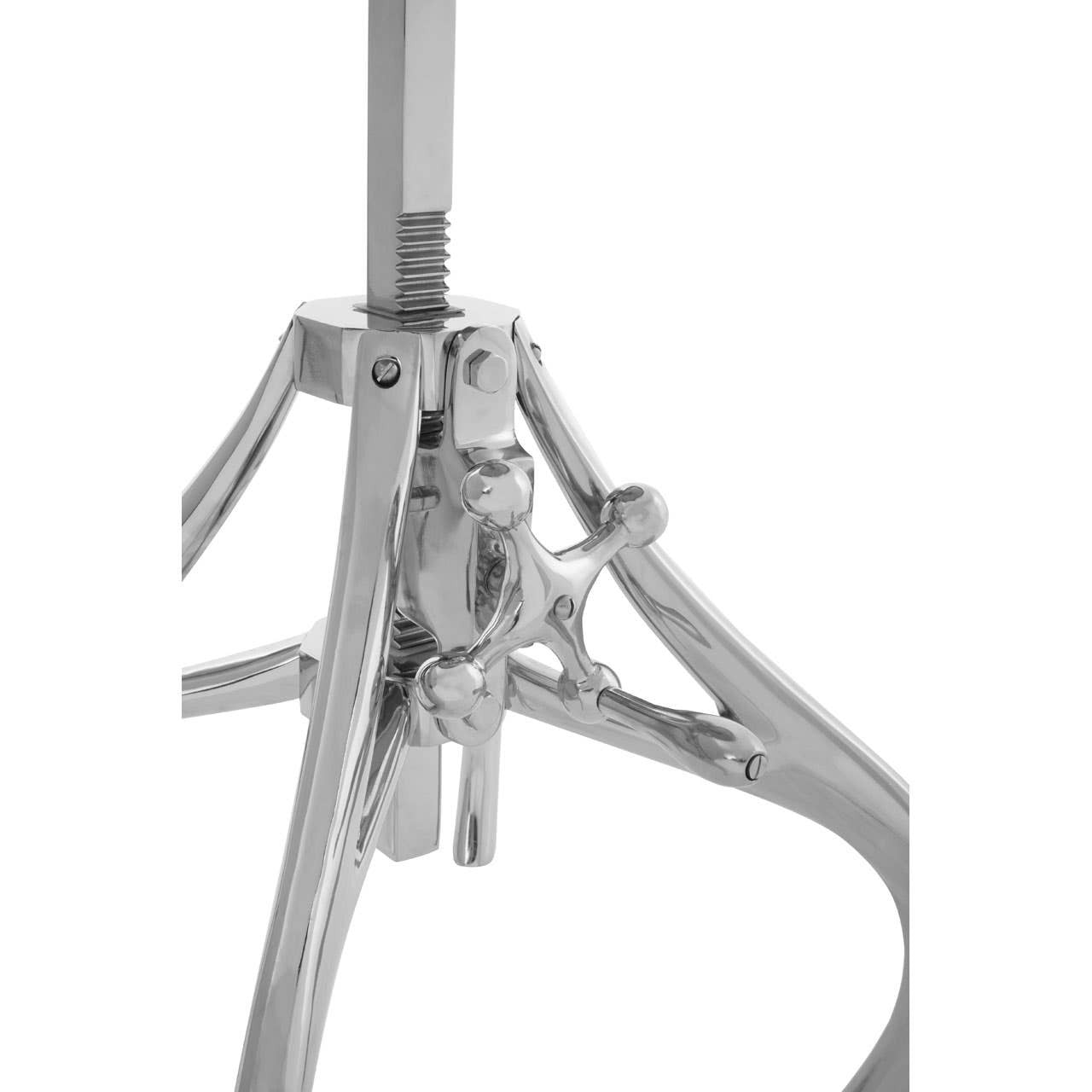 Close-up view of the adjustable crank mechanism of a stool, featuring a sleek silver metal frame with a sturdy base and a lever for height adjustment
