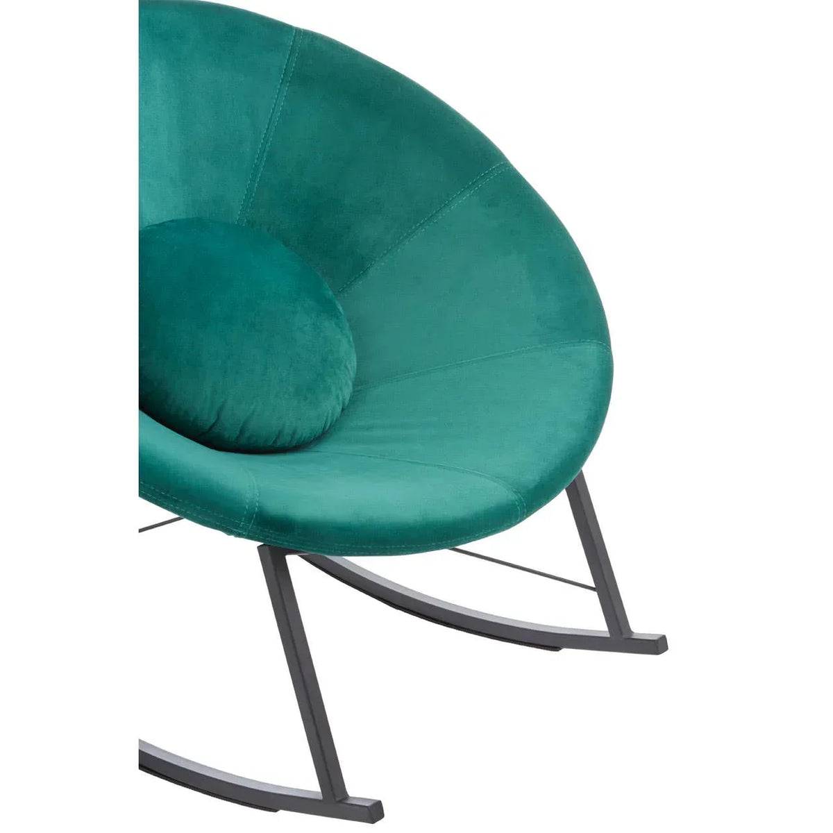 Green velvet accent chair with round cushion and black metal rocking base, close side view