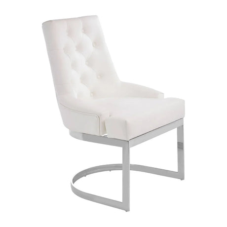 White upholstered dining chair with tufted back and chrome metal frame