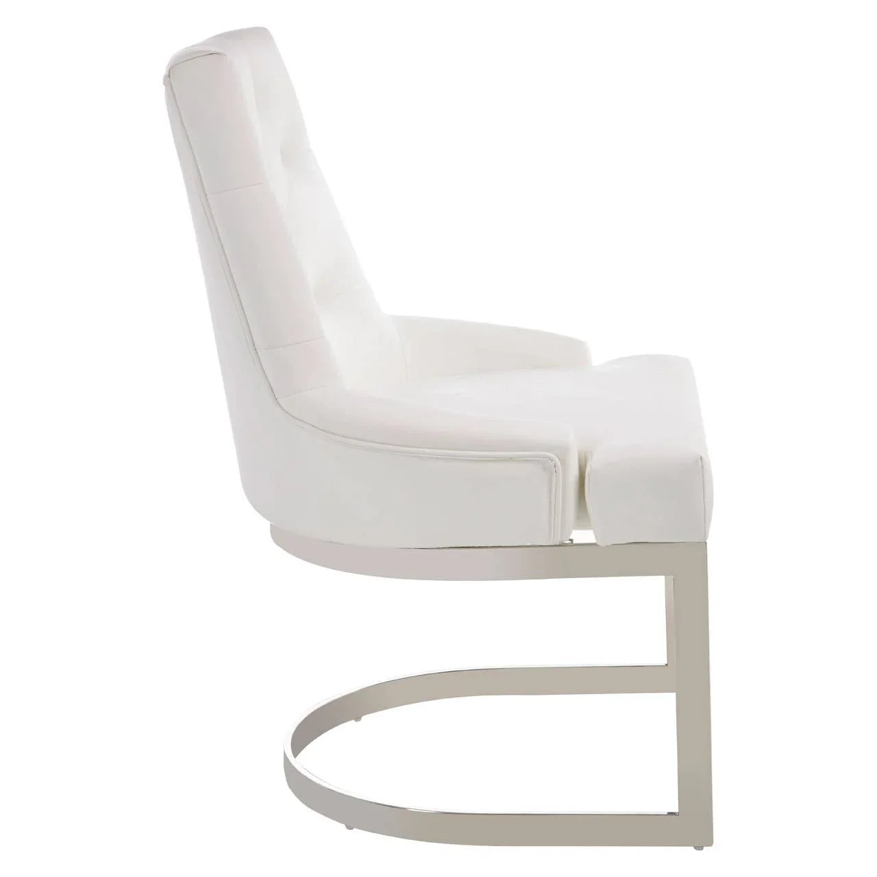 White upholstered accent chair with chrome cantilever base shown from side view