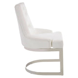 White upholstered accent chair with chrome cantilever base shown from side view
