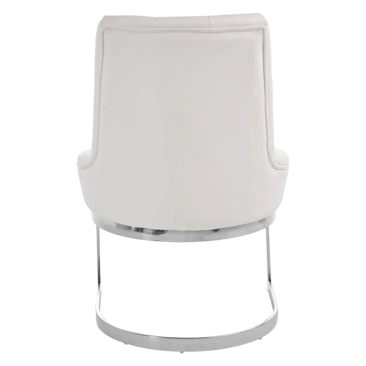 Rear view of white upholstered dining chair with chrome metal base