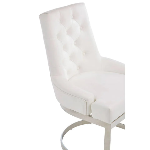 White leather dining chair with tufted backrest and chrome metal legs, side angle view