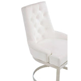 White leather dining chair with tufted backrest and chrome metal legs, side angle view