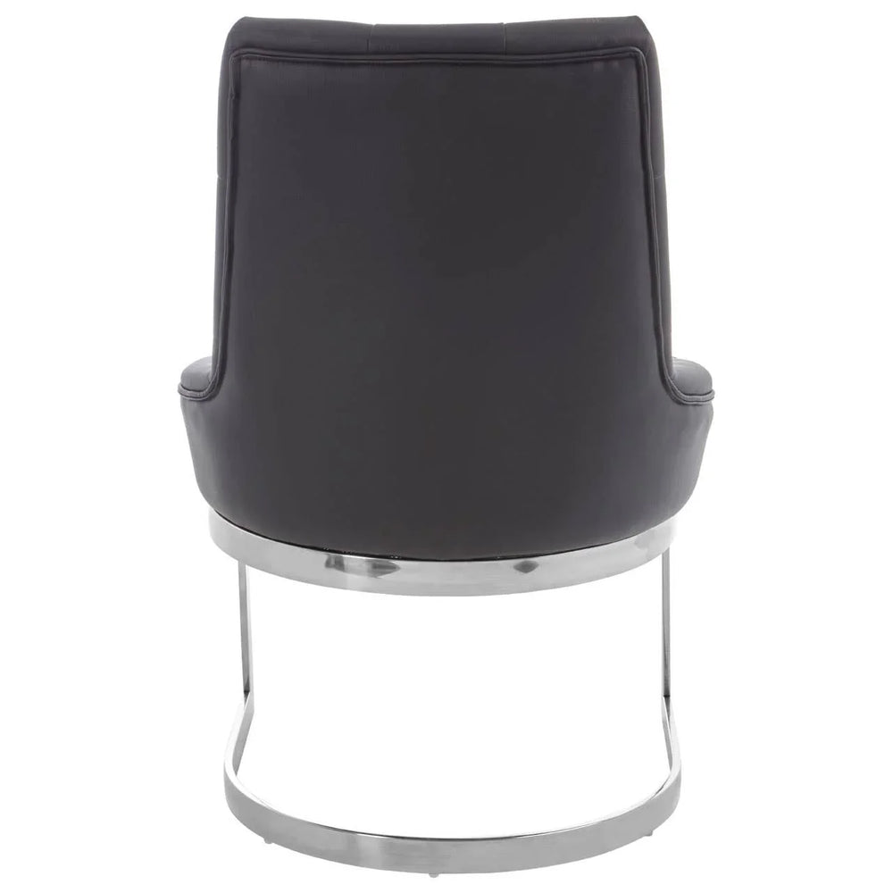 Back view of black leather dining chair with chrome metal cantilever base