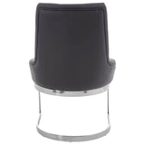 Back view of black leather dining chair with chrome metal cantilever base