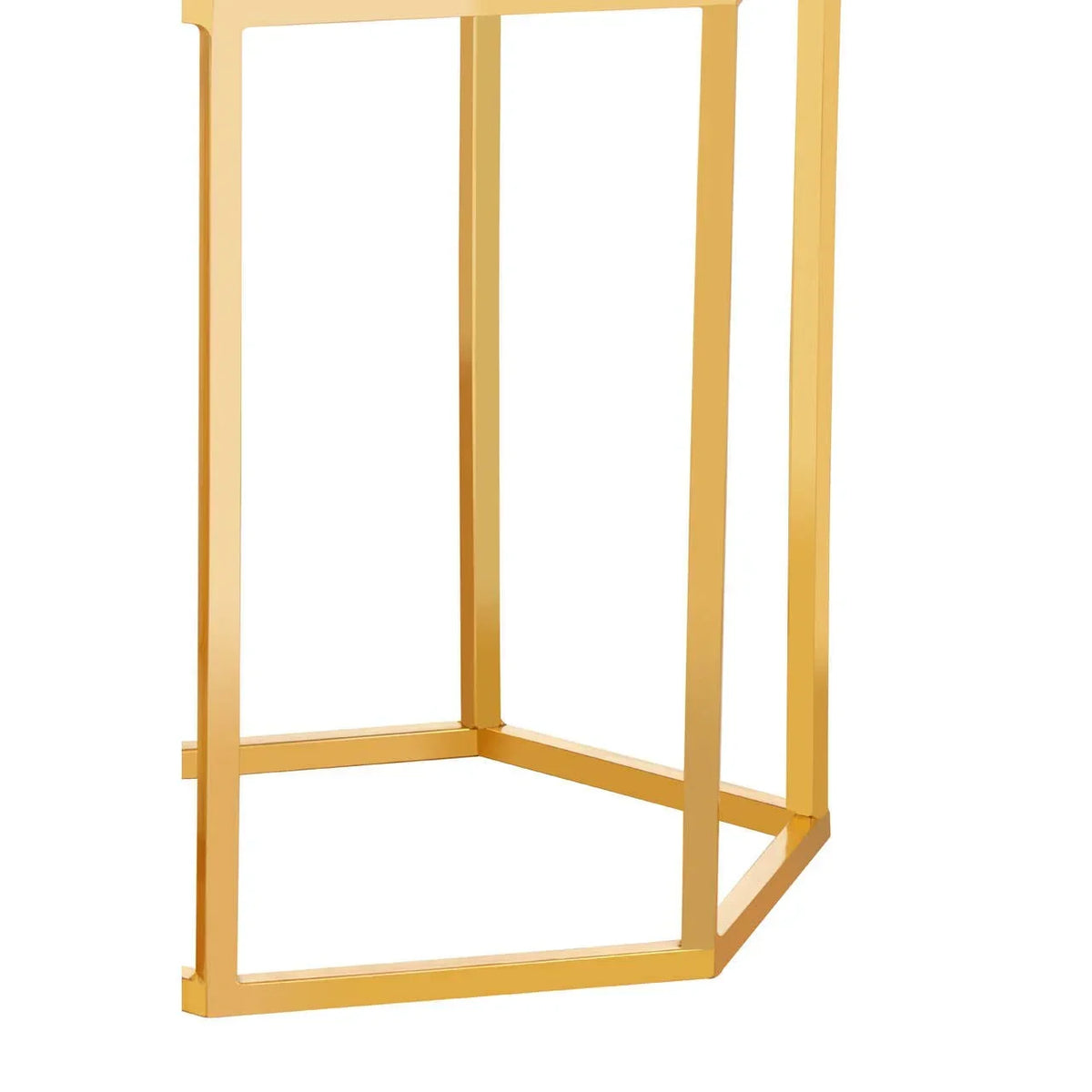 Gold metal hexagonal table frame with clean lines, shown from side angle