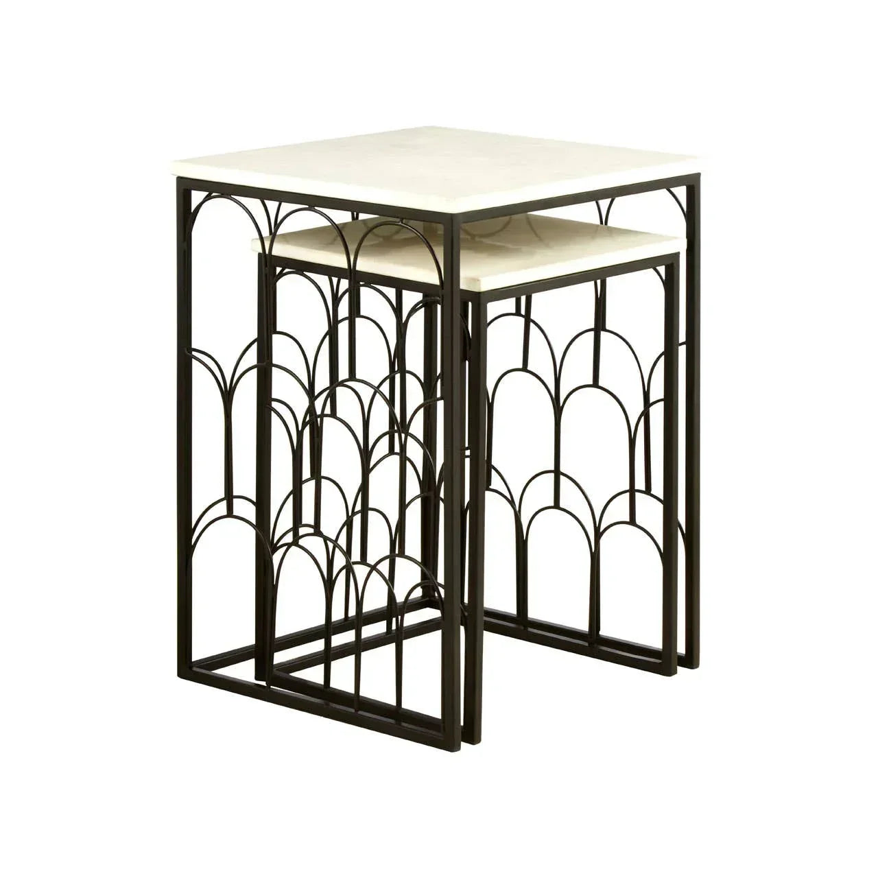 Set of two nesting tables with white marble tops and black metal frames with geometric patterns