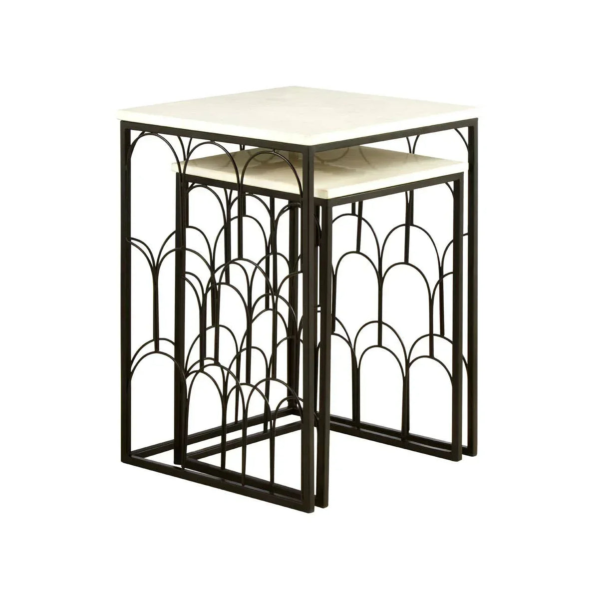 Set of two nesting tables with white marble tops and black metal frames with geometric patterns