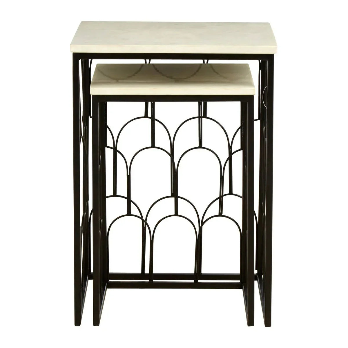 Set of two marble nesting tables with black metal geometric frame, front view